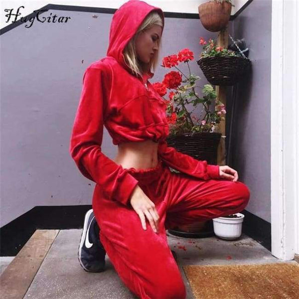 Planet Gates Red / S velvet long sleeve hooded loose crop tops pants 2 pieces sets 2018 autumn winter women fashion sexy casual hoodies set