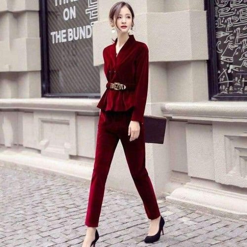 Planet Gates Red / S Velvet suit female 2018 spring and autumn new  long-sleeved casual large size corduroy suit two-piece /set