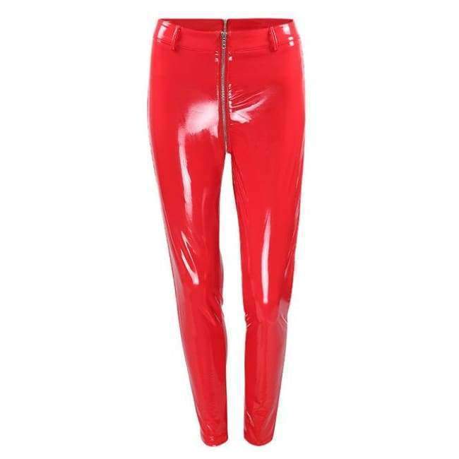Planet Gates Women Sexy Shiny PU leather Leggings with Back Zipper Push Up Faux Leather Pants Latex Rubber Pants Jeggings Black Red