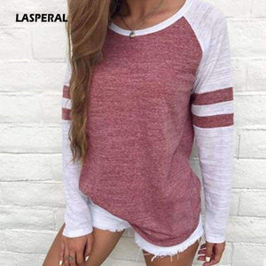 Planet Gates Red / S Women Striped Splicing Baseball Tshirt 2018 Spring Autumn O Neck Long Sleeve Top Tees All Matched T Shirt Plus Size 5XL