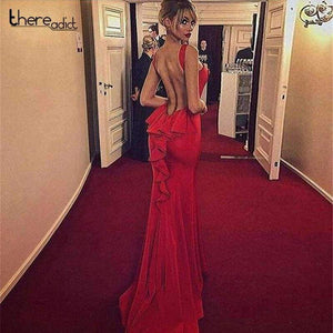 Planet Gates Red / S Women Summer Round Neck Solid Sleeveless Backless Sexy Package Hip Bow Tie Bodycon Flounce Fishtail Long Dress Party Dress