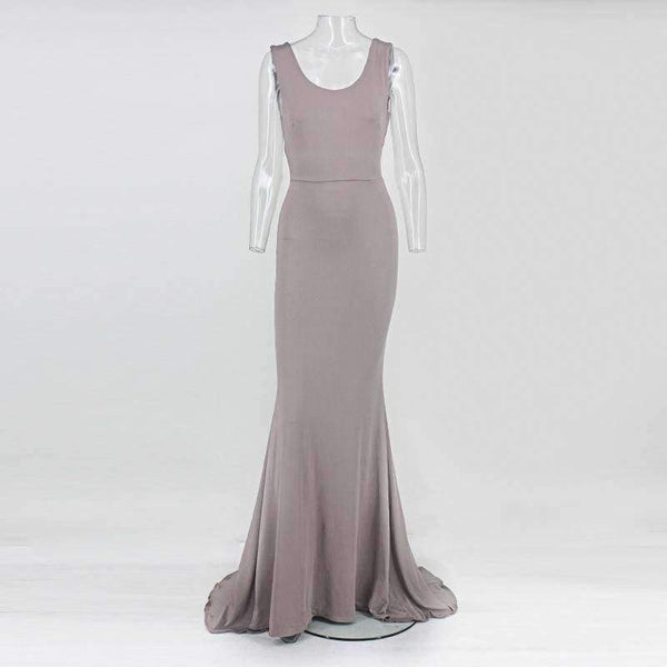 Planet Gates Red / S Women Summer Round Neck Solid Sleeveless Backless Sexy Package Hip Bow Tie Bodycon Flounce Fishtail Long Dress Party Dress