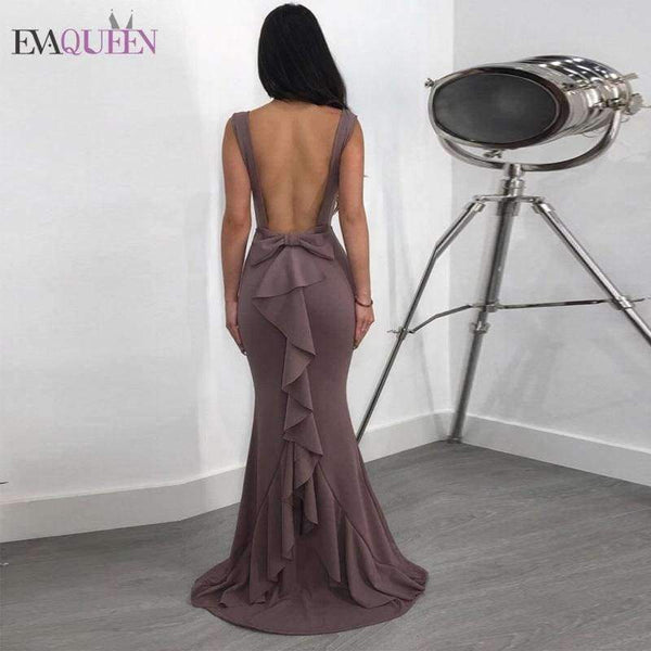 Planet Gates Red / S Women Summer Round Neck Solid Sleeveless Backless Sexy Package Hip Bow Tie Bodycon Flounce Fishtail Long Dress Party Dress