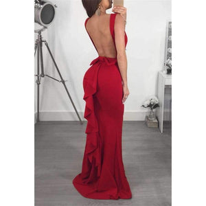 Planet Gates Red / S Women Summer Round Neck Solid Sleeveless Backless Sexy Package Hip Bow Tie Bodycon Flounce Fishtail Long Dress Party Dress