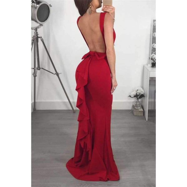 Planet Gates Red / S Women Summer Round Neck Solid Sleeveless Backless Sexy Package Hip Bow Tie Bodycon Flounce Fishtail Long Dress Party Dress