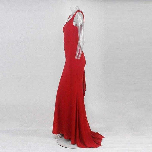 Planet Gates Red / S Women Summer Round Neck Solid Sleeveless Backless Sexy Package Hip Bow Tie Bodycon Flounce Fishtail Long Dress Party Dress