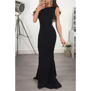 Planet Gates Red / S Women Summer Round Neck Solid Sleeveless Backless Sexy Package Hip Bow Tie Bodycon Flounce Fishtail Long Dress Party Dress