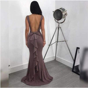 Planet Gates Red / S Women Summer Round Neck Solid Sleeveless Backless Sexy Package Hip Bow Tie Bodycon Flounce Fishtail Long Dress Party Dress