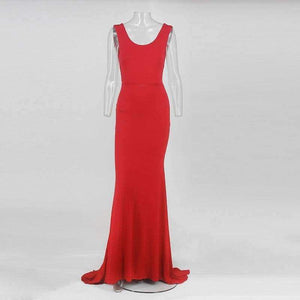 Planet Gates Red / S Women Summer Round Neck Solid Sleeveless Backless Sexy Package Hip Bow Tie Bodycon Flounce Fishtail Long Dress Party Dress