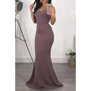 Planet Gates Red / S Women Summer Round Neck Solid Sleeveless Backless Sexy Package Hip Bow Tie Bodycon Flounce Fishtail Long Dress Party Dress