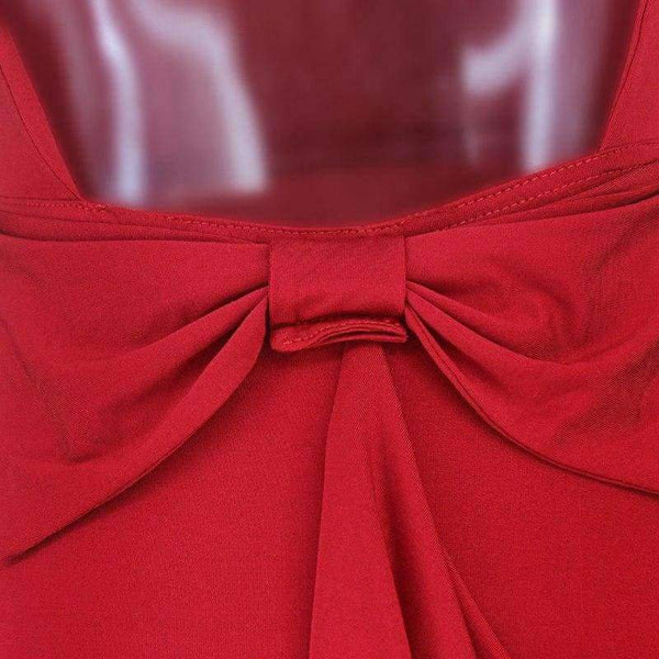 Planet Gates Red / S Women Summer Round Neck Solid Sleeveless Backless Sexy Package Hip Bow Tie Bodycon Flounce Fishtail Long Dress Party Dress