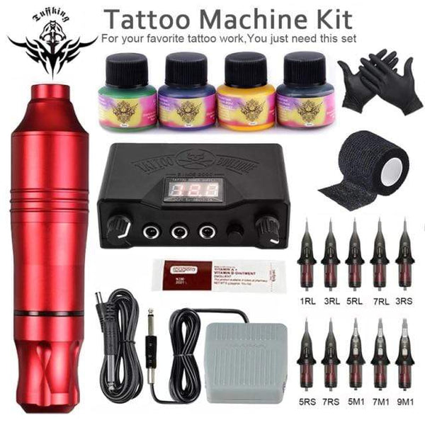 Planet Gates Red Tattoo Set Professional Tattoo Machine Set Rotary Gun Tattoo Pen Cartridges Needles Sets Permanent Makeup Machine Body Art Tattoo Supplies