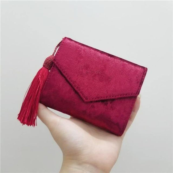 Planet Gates Red Velvet Envelope Tassel Small Women Wallet Trifold Mini Women Clutch Purse Brand Short Designed Ladies Wallet Card Holders