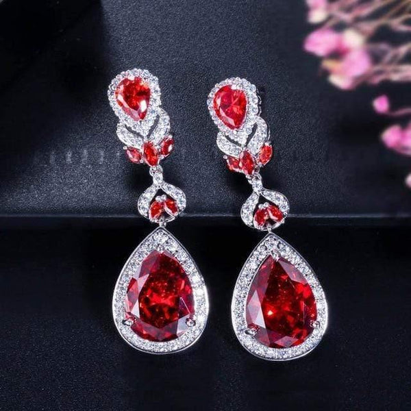 Planet Gates red Water Drop Shaped Cubic Zirconia Crystal Bridal Long Earrings Luxury Wedding Jewelry for Brides CZ166