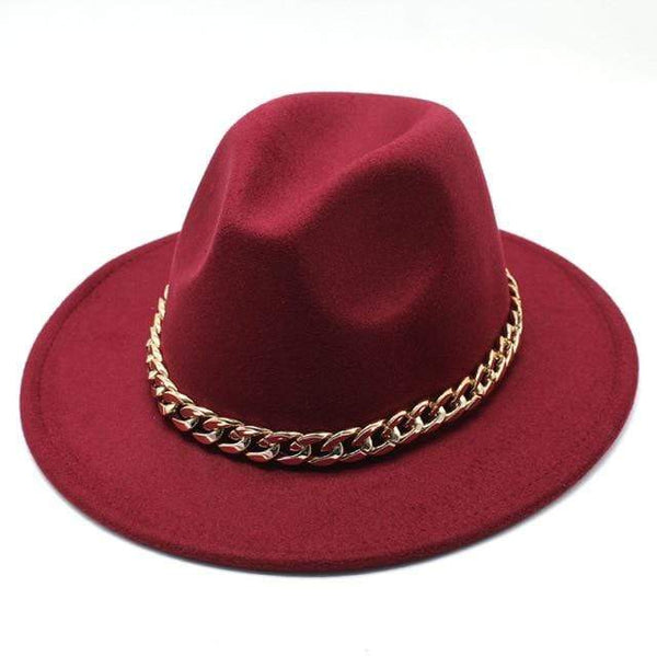 Planet Gates Red Wine / L(58-60cm) American Big Chain Fedoras Faux Woolen Brim Felt Cap Jazz Men Women Hat