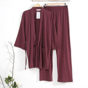 Planet Gates Red wine / M Kimono Pajamas set Men Sleep Spring Autumn Knitted 100% Cotton Lounge clothing Mens Sleep Kimono