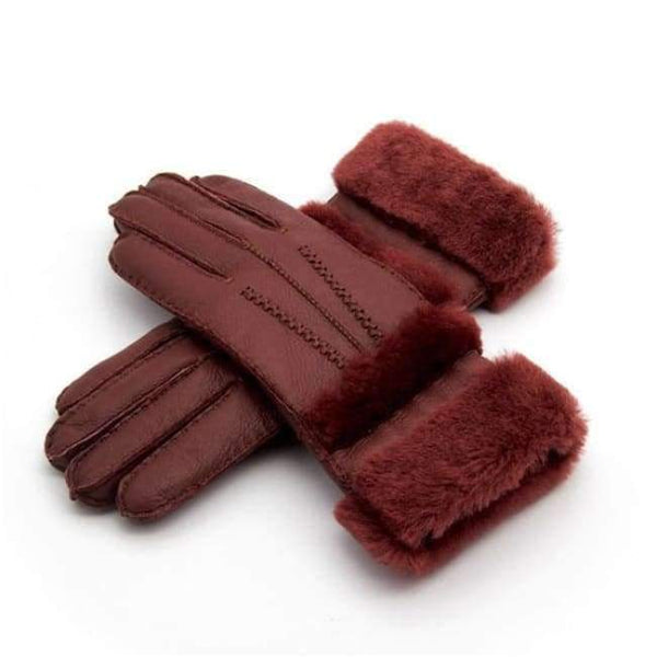 Planet Gates Red wine Top Quality Genuine Leather Warm Fur Glove For Men Women Thermal Winter Fashion Sheepskin Ourdoor Thick Five Finger Gloves  G5