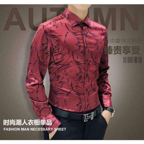 Planet Gates Red with Floral / 4XL Plus Size 5XL 2017 New Men's Luxury Shirts Wedding Party Dress Long Sleeve Shirt Silk Tuxedo Shirt Men Mercerized Cotton Shirt
