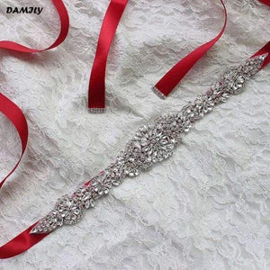 Planet Gates Red Women's Crystal Wedding Belts Luxury Rhinestone Wedding Dress Belt Bridal Wedding Accessories Satin Ribbon Sash Belt Waistband