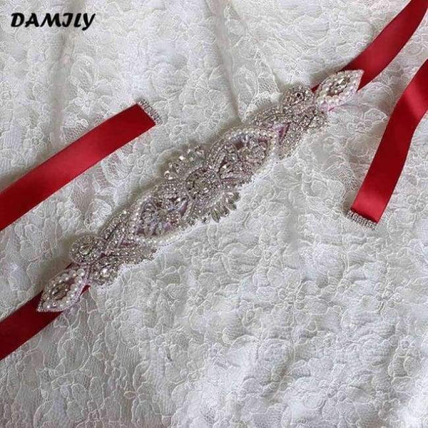 Planet Gates Red Women's Wedding Belts Rhinestone Wedding Dress Belt Wedding Accessories Satin Ribbon Bridal Sash Party Gown Bride Crystal Belt