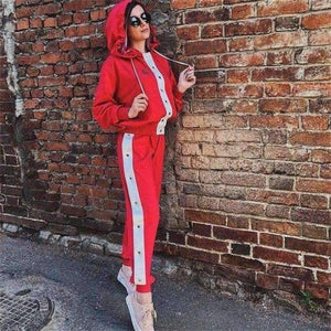 Planet Gates red women set / L Autumn New Design 2 Piece Set Women Purple 4 Colors Button Hoodies Cut Off Pant Female Casual Sets Winter Fashion