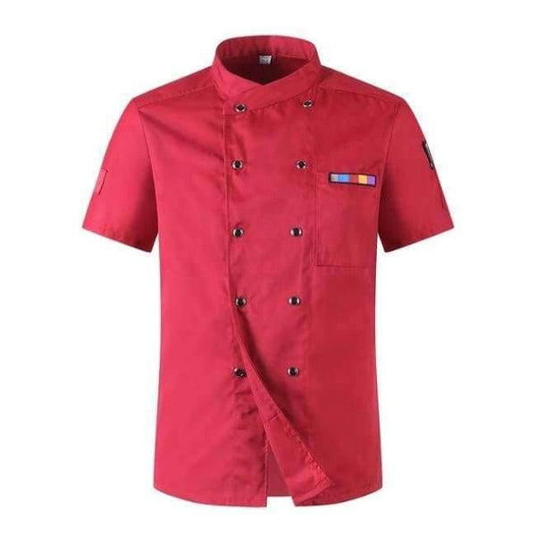 Planet Gates Red / XL 5 Colors Hot Sale Unisex Kitchen Chef Uniforms Short Sleeve Breathable Double Breasted Jackets Food Services Cooking Shirt Apron