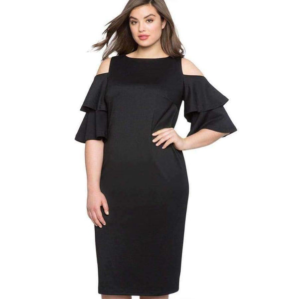 Planet Gates Red / XL Elegant Black Plus Size Flounce Sleeve Cold Shoulder Dress