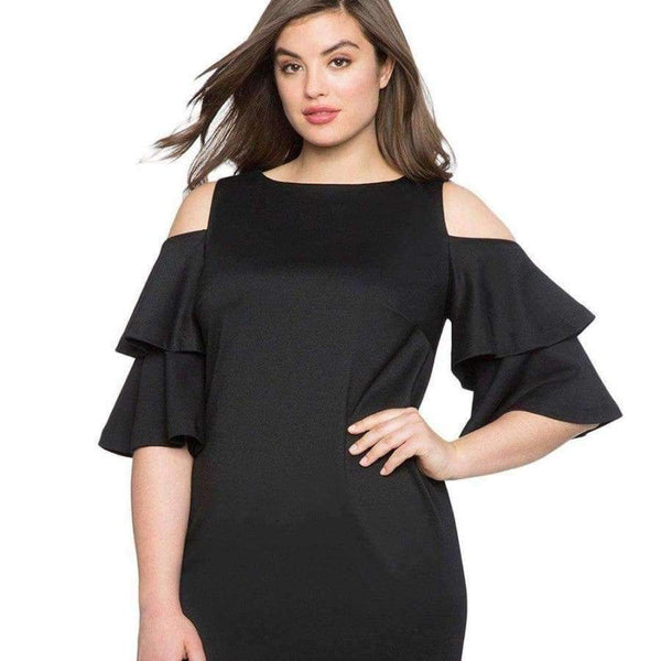 Planet Gates Red / XL Elegant Black Plus Size Flounce Sleeve Cold Shoulder Dress