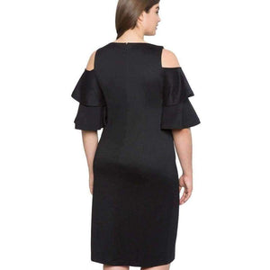 Planet Gates Red / XL Elegant Black Plus Size Flounce Sleeve Cold Shoulder Dress