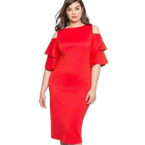 Planet Gates Red / XL Elegant Black Plus Size Flounce Sleeve Cold Shoulder Dress