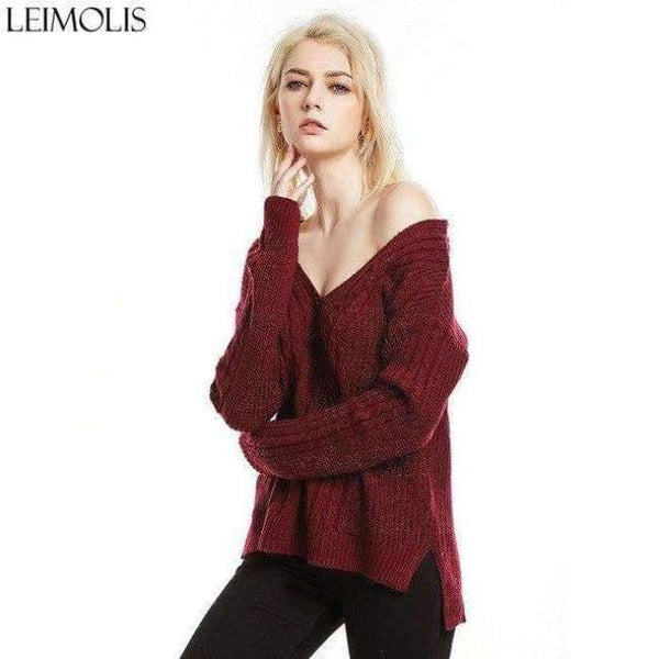 Planet Gates red ZJ015 / S Autumn Knitted Sexy Off Shoulder Sweater Women Gray Harajuku Streetwear Pullover V Neck Casual Jumper Winter Clothes