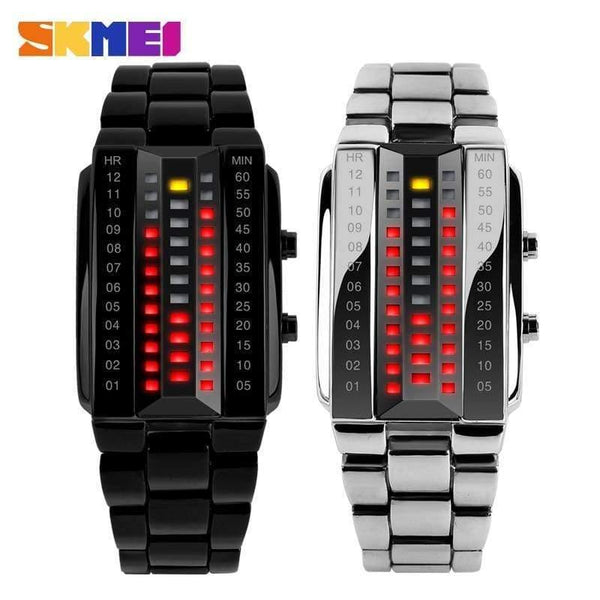 Planet Gates Relogio masculino fashion skmei watch Lovers LED Men Women Stainless Steel Red Binary Luminous Electronic Display Sport watches