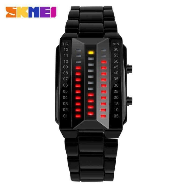 Planet Gates Relogio masculino fashion skmei watch Lovers LED Men Women Stainless Steel Red Binary Luminous Electronic Display Sport watches