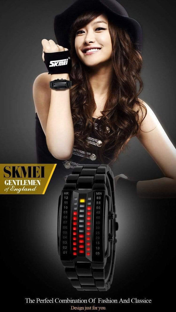 Planet Gates Relogio masculino fashion skmei watch Lovers LED Men Women Stainless Steel Red Binary Luminous Electronic Display Sport watches