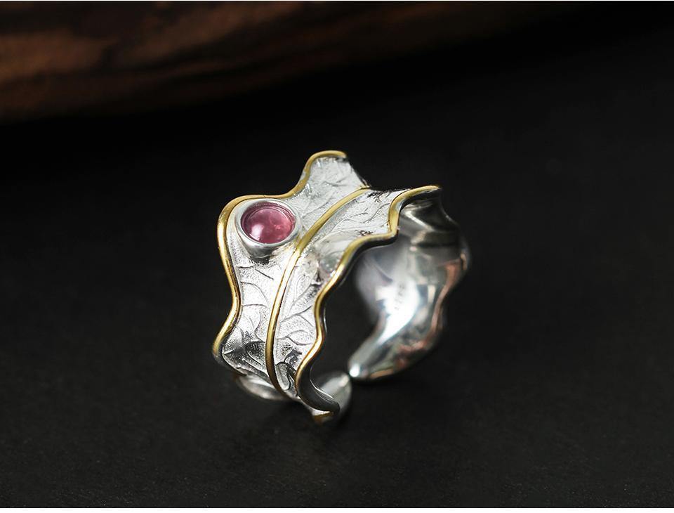 Planet Gates Resizable / Red 925 Sterling Silver Ring Natural Tourmaline Handmade Designer Fine Jewelry Adjustable Leaf Rings