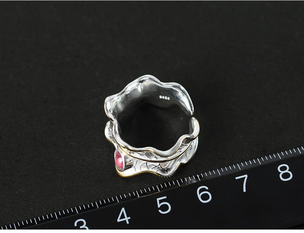Planet Gates Resizable / Red 925 Sterling Silver Ring Natural Tourmaline Handmade Designer Fine Jewelry Adjustable Leaf Rings