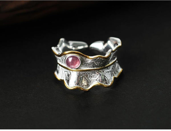 Planet Gates Resizable / Red 925 Sterling Silver Ring Natural Tourmaline Handmade Designer Fine Jewelry Adjustable Leaf Rings
