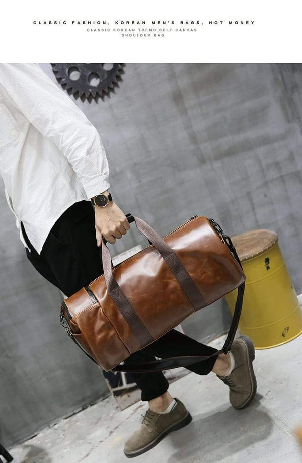 Planet Gates Retro Brown Bucket Travel Bags Large Crazy Horse PU Leather Handbags Shoulder Bag Men Business Luggage Bag