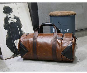 Planet Gates Retro Brown Bucket Travel Bags Large Crazy Horse PU Leather Handbags Shoulder Bag Men Business Luggage Bag