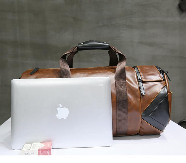 Planet Gates Retro Brown Bucket Travel Bags Large Crazy Horse PU Leather Handbags Shoulder Bag Men Business Luggage Bag