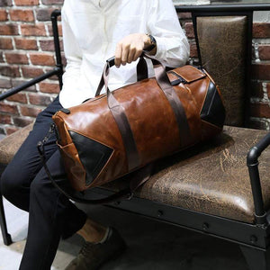 Planet Gates Retro Brown Bucket Travel Bags Large Crazy Horse PU Leather Handbags Shoulder Bag Men Business Luggage Bag