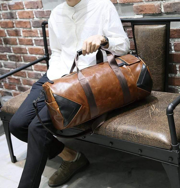 Planet Gates Retro Brown Bucket Travel Bags Large Crazy Horse PU Leather Handbags Shoulder Bag Men Business Luggage Bag