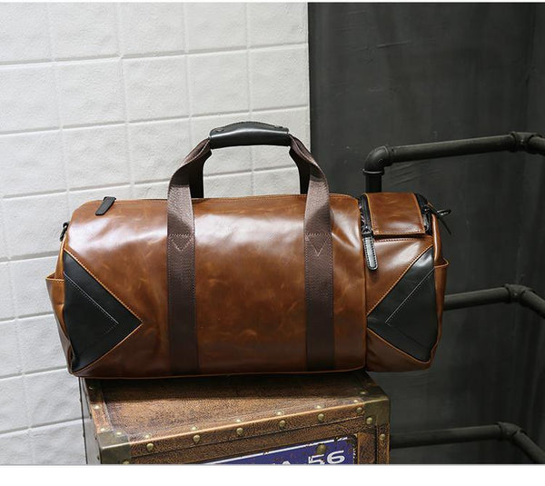 Planet Gates Retro Brown Bucket Travel Bags Large Crazy Horse PU Leather Handbags Shoulder Bag Men Business Luggage Bag
