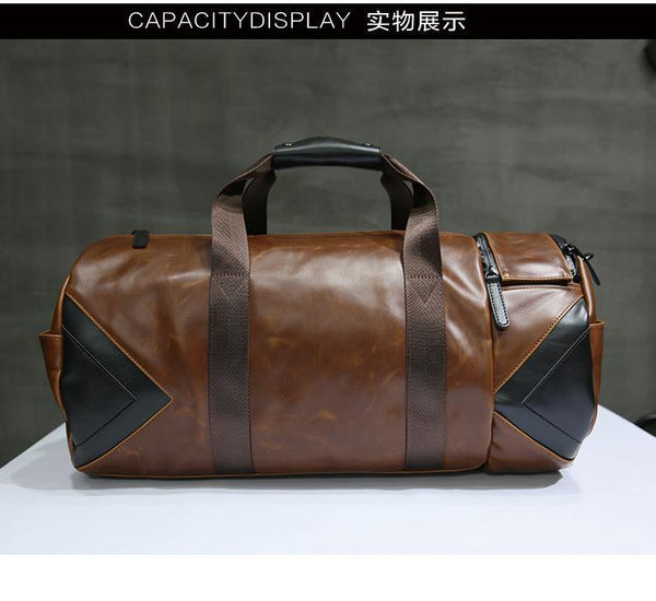 Planet Gates Retro Brown Bucket Travel Bags Large Crazy Horse PU Leather Handbags Shoulder Bag Men Business Luggage Bag