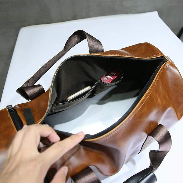 Planet Gates Retro Brown Bucket Travel Bags Large Crazy Horse PU Leather Handbags Shoulder Bag Men Business Luggage Bag