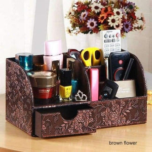 Planet Gates retro brown flower Multifunctional Wooden Leather Office Desk Stationery Pen Pencil Holder Case pen box Desktop Organizer accessories 201B