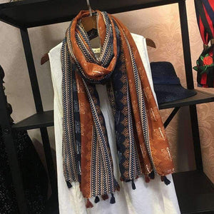 Planet Gates Retro Geometric Printing Warm Scarf Shawls for Women Fashion Tassels Brown Long Wraps Ladies Spring Autumn Pashmina