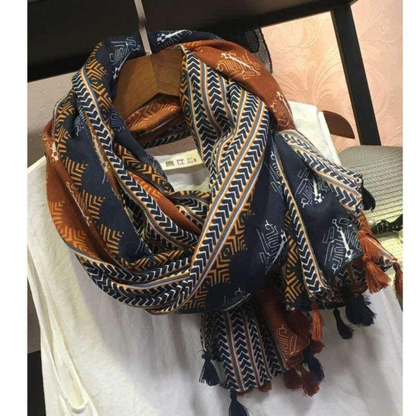 Planet Gates Retro Geometric Printing Warm Scarf Shawls for Women Fashion Tassels Brown Long Wraps Ladies Spring Autumn Pashmina