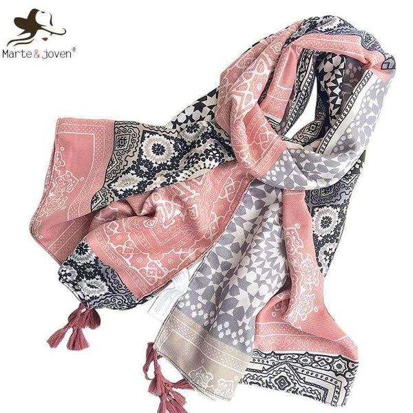 Planet Gates Retro Geometric Printing Warm Shawls Scarf for Women Casual Autumn Winter Pink Pashmina with Tassels Scarves Tippet