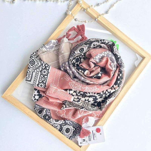 Planet Gates Retro Geometric Printing Warm Shawls Scarf for Women Casual Autumn Winter Pink Pashmina with Tassels Scarves Tippet